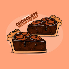 National Chocolate Pecan Pie Day to celebrate on August 20th. Two slices of pie topped with pecans on a beige background. Dessert event banner.