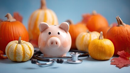 Piggy bank, pumpkins, and a stethoscope suggest health savings.