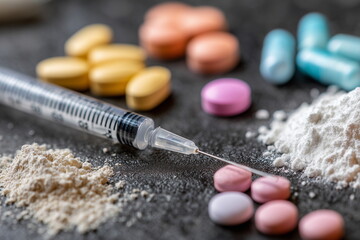 Drug addiction. Drug abuse. Needles, pills and drug powder on a black surface table. 