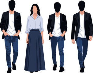 Obraz premium Modern Vector Set of Faceless Men and Woman Walking in Smart Casual Attire, isolated PNG with Transparent Background