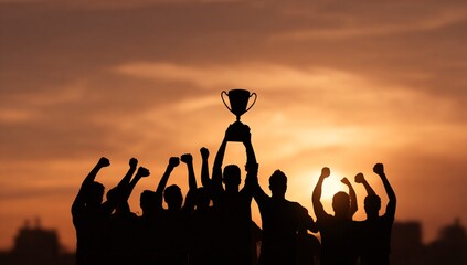 Celebrating Victory with a Trophy in Silhouette