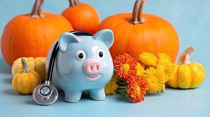 Piggy bank with stethoscope surrounded by autumn pumpkins and flowers.