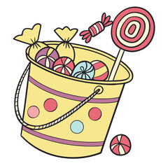 An illustration of a bucket filled with colorful balls and a stick next to a larger wrapped ball object