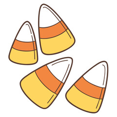 Illustration of three candy corn pieces with white, orange, and yellow stripes on a white background