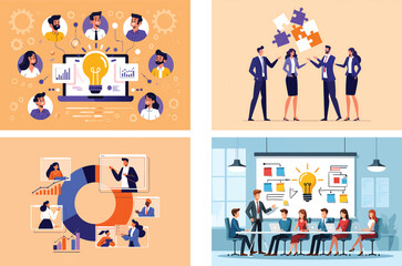 Set of vector illustrations depicting business teamwork, collaboration, and strategic planning concepts