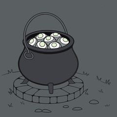 Cartoon halloween scene with a cauldron full of eyeballs under a crescent moon at night in grayscale