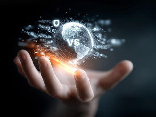 Digital hand holding glowing digital  ting solid color background with icons of website, 