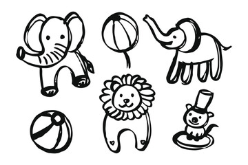 Circus Illustration: Hand-drawn black and white illustration of circus elements including elephants, lions, balls, and a balancing seal, set against a plain background.