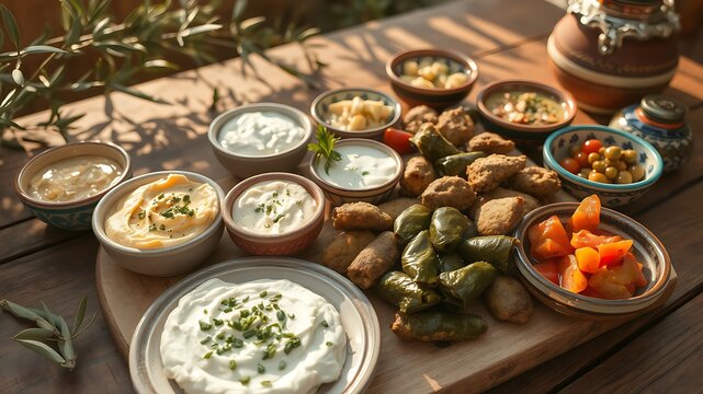 Photo of a delightful spread of mezze appetizers featuring various dips, falafel, and stuffed grape leaves - Powered by Adobe