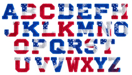 Embroidered alphabet in red, white, and blue