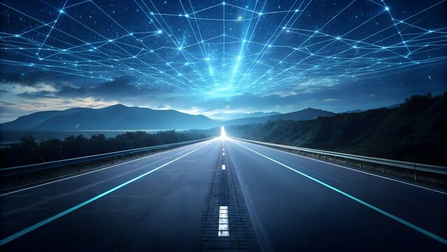 Futuristic digital network illuminates a long empty highway leading towards glowing mountains under a dramatic sky - Powered by Adobe
