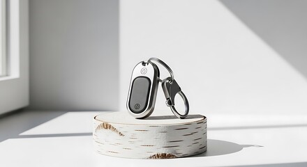 Sleek Key Fob on Birch Log: Minimalist Product Photography with Soft Lighting