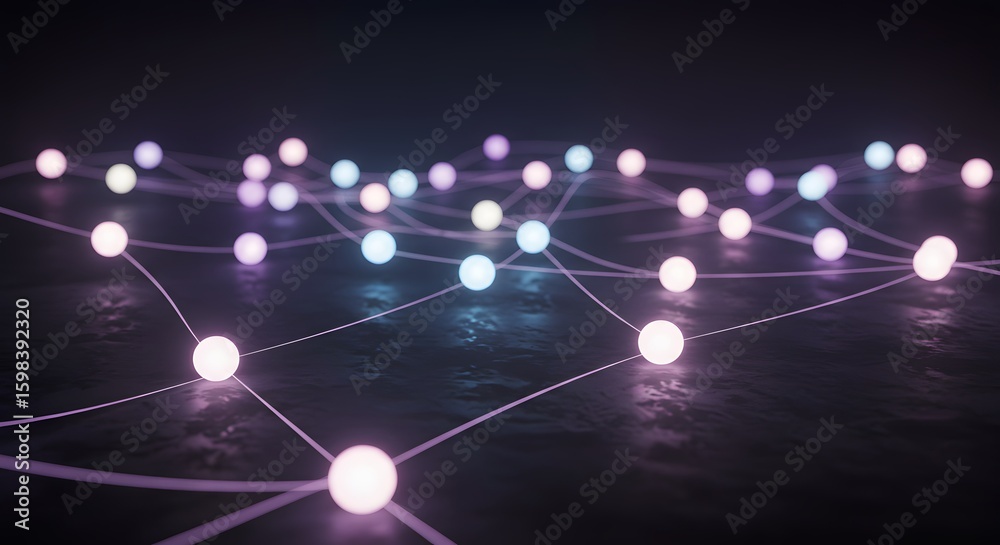 Poster network of glowing spheres connected by lines, creating a futuristic and interconnected system displ
