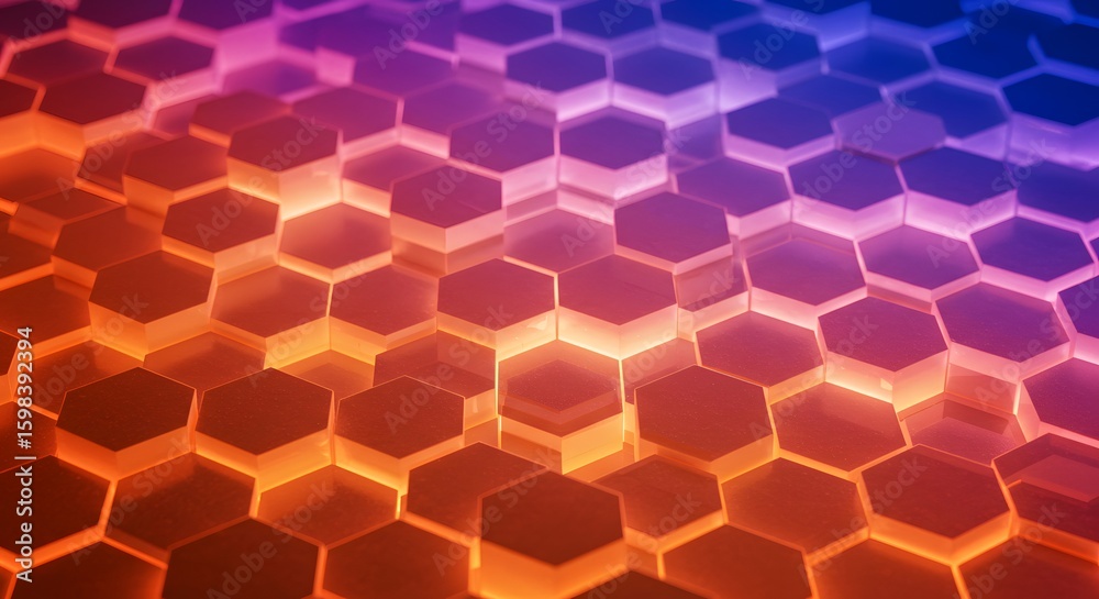 Poster Gradient hexagonal grid with illuminated edges forming a technological or abstract pattern design.