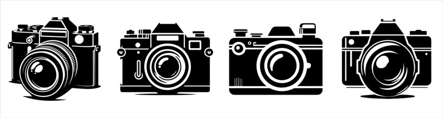 Set of black and white silhouette of a camera vector illustration on white background
