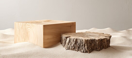 Presentation of product. Wooden podium on sand against white background