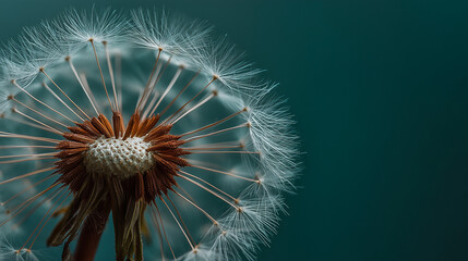 Obraz premium Closeup of Dandelion Seed Head with White and Brown Details Against Green Background 