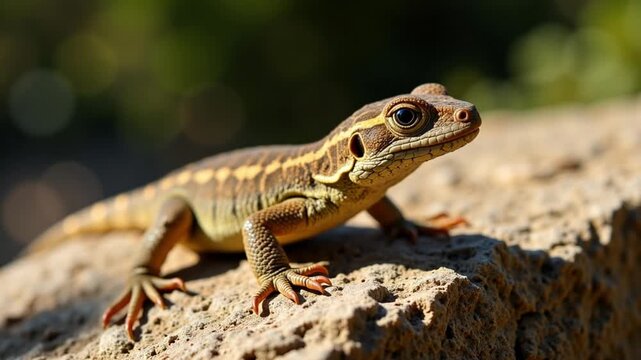 A close up of a brown lizard with yellow stripes sitting on a textured rock surface in sunlight