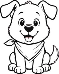 Obraz premium A cute cartoon puppy sitting with a happy smile and a bandana. Black and white vector line art illustration for a coloring book.