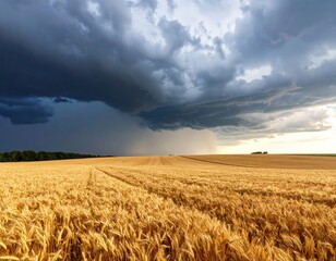 Dark storm clouds gathering over golden wheat field before rain