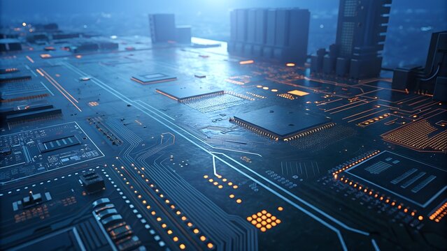 Futuristic glowing cityscape viewed from above showing intricate electronic circuits and data pathways in a digital world