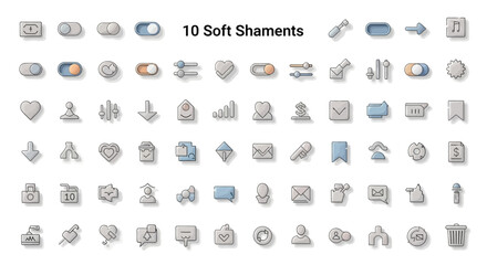 A collection of soft, minimalist icons in a grid arrangement, featuring toggle switches, hearts, arrows, envelopes, charts, and other interface elements.
