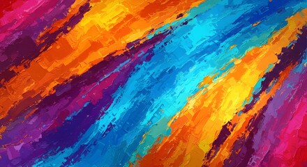 A vibrant, textured painting featuring diagonal strokes of blue, orange, purple, and red creating a dynamic effect.