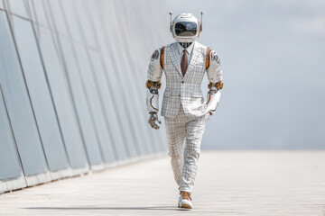 Sophisticated robot in checkered suit walking along modern glass building