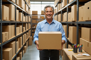 A smiling, mature man in business casual attire confidently holds a cardboard box within a bustling warehouse setting.