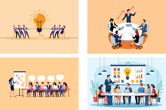 Set of vector illustrations for business meeting, teamwork, and strategy presentation.