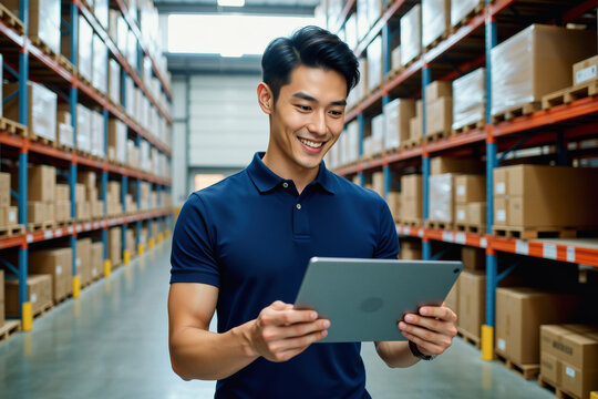A smiling Asian man in a blue polo shirt holds a tablet while standing in a large warehouse filled with shelves of boxes.