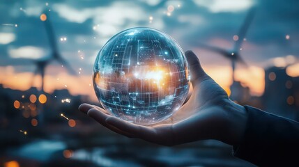Fototapeta premium Hand holding a glowing digital sphere with wind turbines in the background at dusk creating a future vision