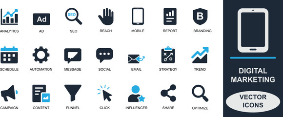 rofessional flat vector icons for digital marketing. Including SEO, campaign, funnel, analytics, content, audience, branding, and strategy. Ideal for web, app, and media use.
