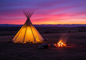Illuminated tipi and campfire under a vibrant sunset sky
