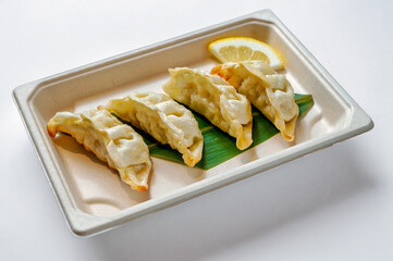 Fried Japanese gyoza dumplings filled with meat or vegetables, served with sweet-sour sauce, isolated on a white  background. Natural light highlights this popular Asian street food snack.

