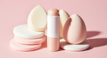 Soft Focus Beauty Product Still Life: Pastel Pink & White Makeup Sponges with Foundation Stick