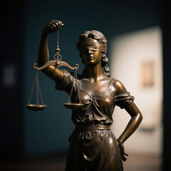 Statue of Justice sculpture on old wall in Paris with religious and cultural golden bronze details