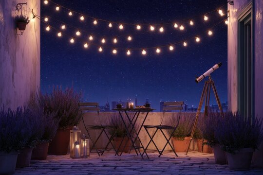 Table for two at terrace at night under lights, observing stars in the distance - Powered by Adobe