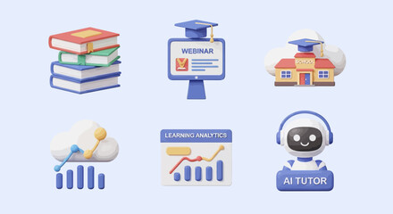 Collection of 3D rendered educational icons featuring books, webinar screen, school, analytics chart, cloud computing, and AI tutor robot.