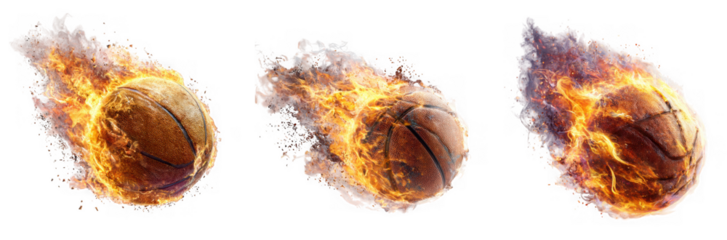 Basketball engulfed in flames, symbolizing intense action and powerful energy isolated on transparent background