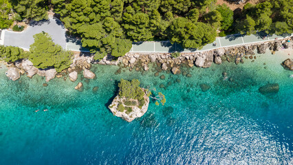 Aerial View of Brela Stone and Coastal Promenade with Turquoise Sea, Croatia

