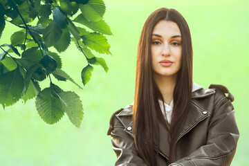 portrait of Beautiful young brunette latina hispanic brunette woman lady girl looking at camera in...