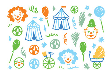 Colorful Circus Elements: A whimsical illustration of circus elements, featuring clowns, tents, balloons, and other playful symbols.