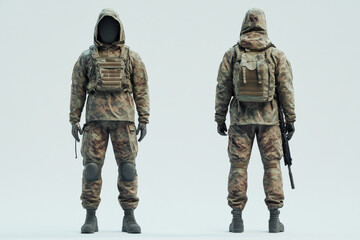 Fototapeta premium Military combat uniform front and back view with tactical gear and camouflage clothing