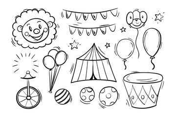 Circus Delight Illustration: A collection of hand-drawn circus elements, perfect for adding a touch of whimsy and excitement to any project. Featuring a lion's face, balloons, a tent, stars. © Mohiuddin123