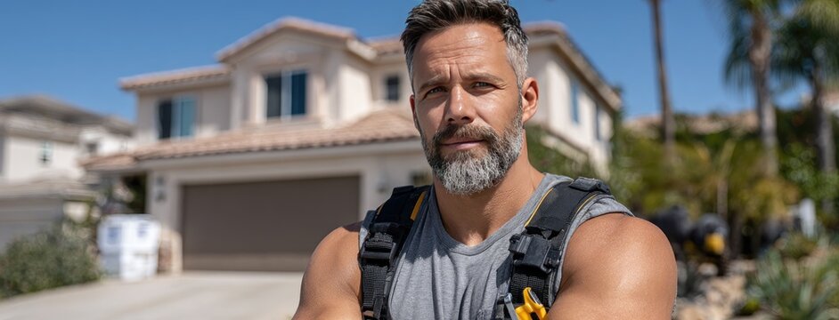 Professional electrician stands proudly outside his home, exuding confidence in work attire and highlighting his skill set in natural light
