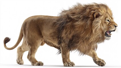 Fototapeta premium A regal lion in an upright stance against a bright white background