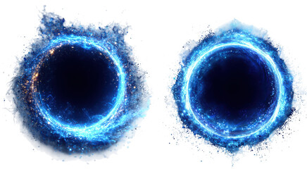 Two glowing blue energy portals with swirling particles isolated on white isolated on transparent background