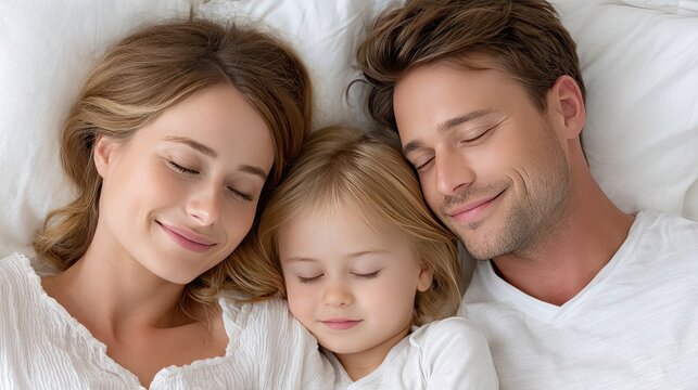 A happy family enjoys a peaceful moment in bed, with smiling parents and a sleeping child, radiating warmth and love - Powered by Adobe