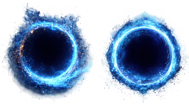 Two glowing blue energy portals with swirling particles isolated on white isolated on transparent background